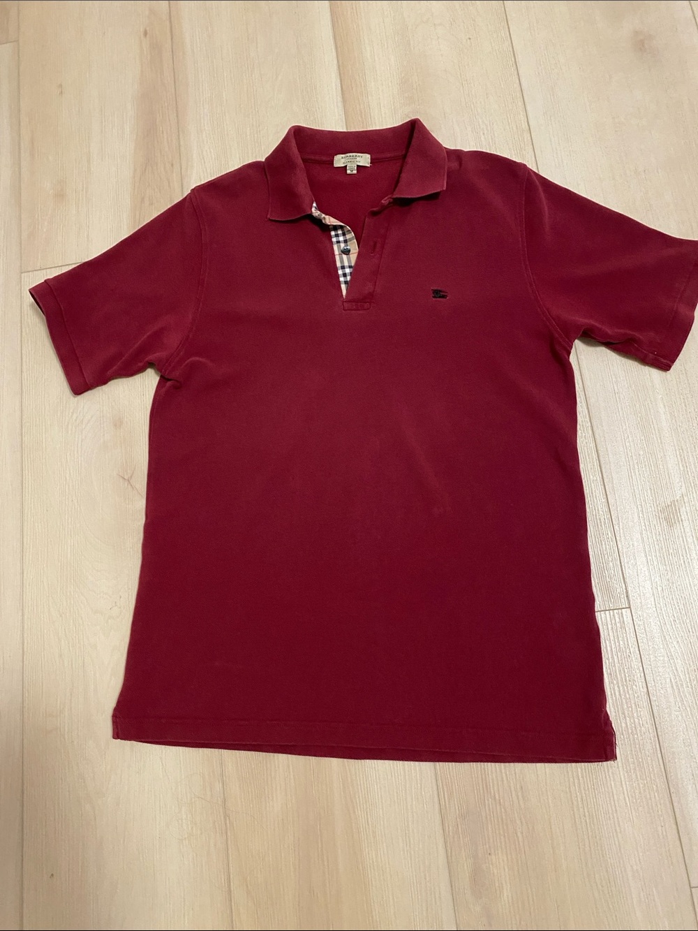 Authentic Burberry Burgundy Short-Sleeve Polo with Check Trim